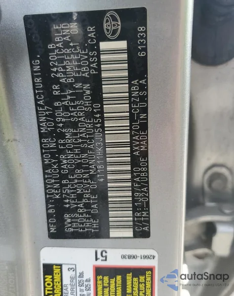 2018 Toyota Camry L z USA, uszkodzony, nr VIN 4T1B11HK3JU545410